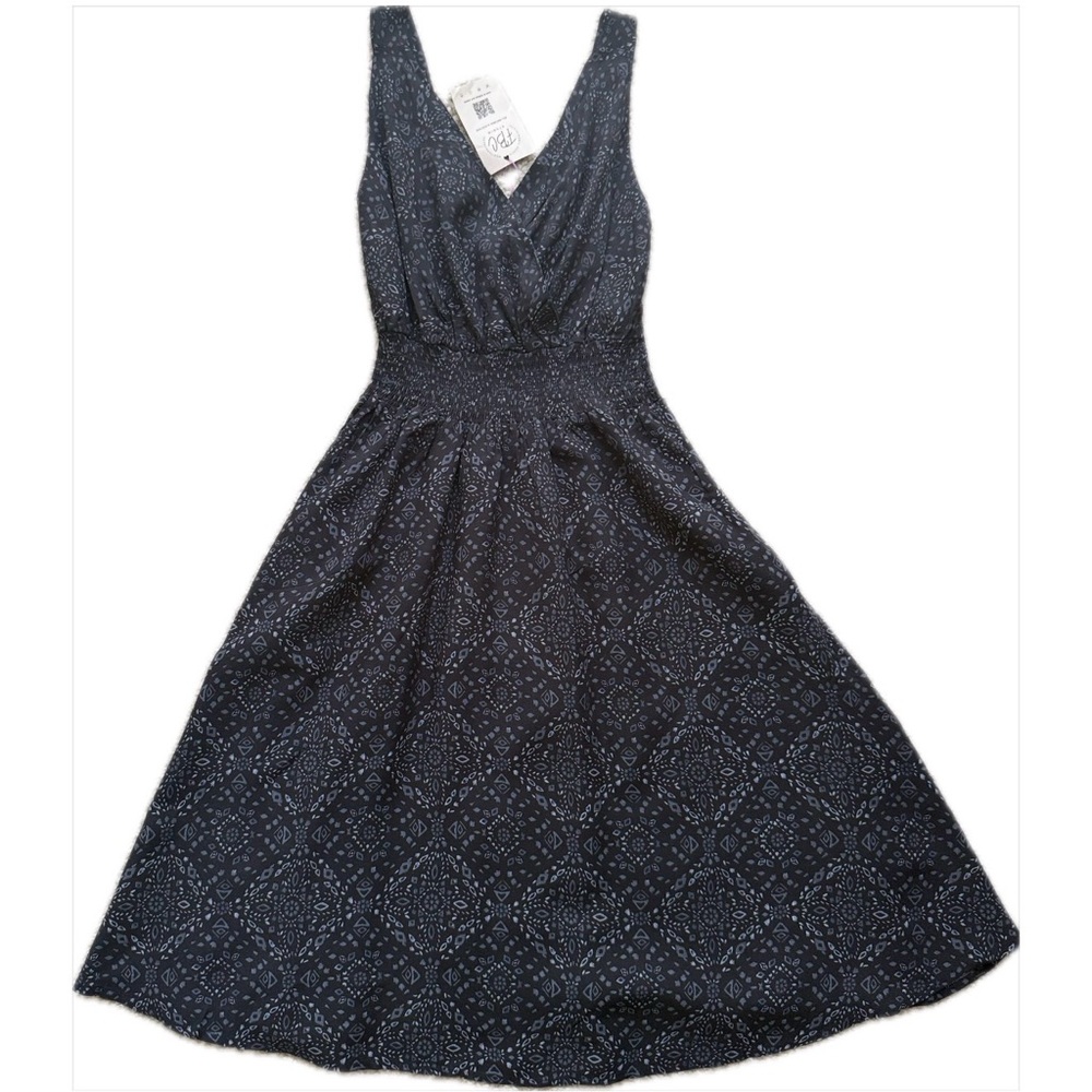 Organic Viscose Smocked Waist & Back Black Patterned Dress with Pockets Fits S/M - Picture 14 of 16